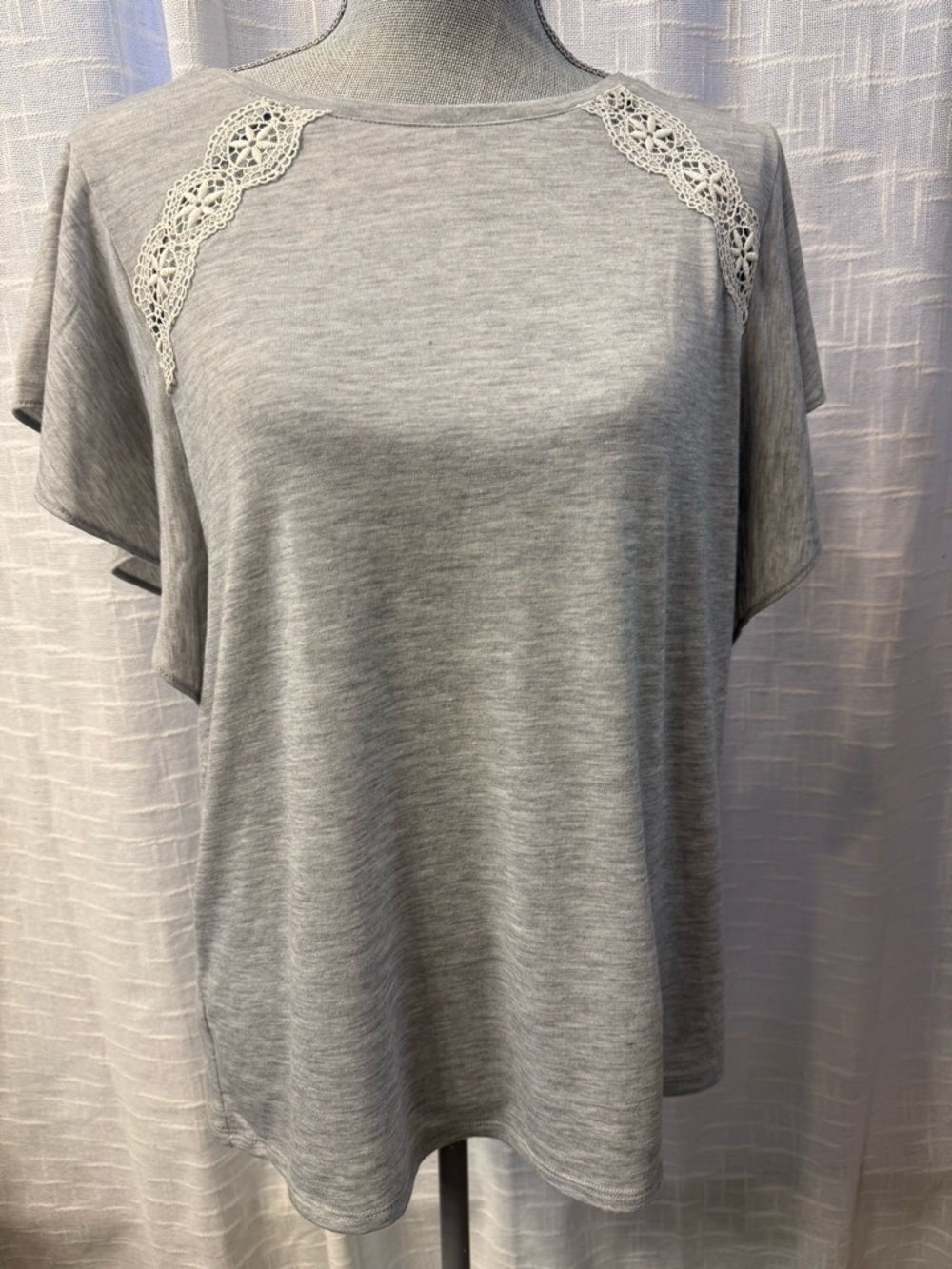 LOFT Gray Short Sleeve Knit Top with Lace Shoulder Detail